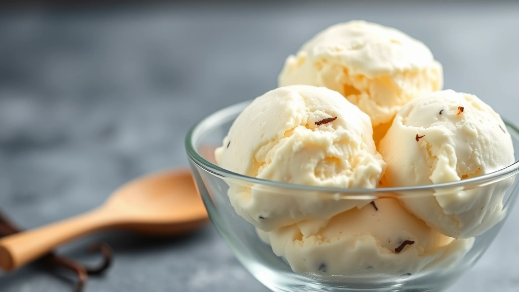 Creamy vanilla ice cream in a glass bowl with vanilla bean specks visible, soft-focus background showing wooden spoon, professional food photography lighting