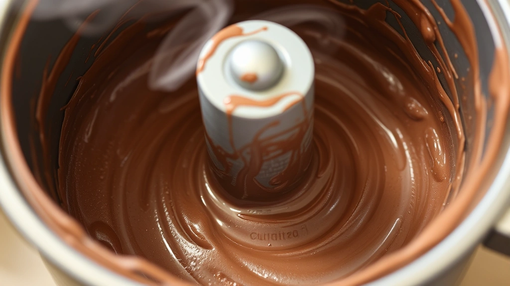 Close-up of Cuisinart ice cream maker bowl filled with churning chocolate ice cream mixture, metal paddle visible mid-churn, steam rising slightly