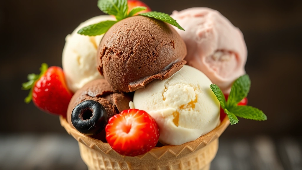 Multiple ice cream scoops in different flavors stacked in a cone - vanilla, chocolate, strawberry - with fresh berries and mint leaves as garnish, shallow depth of field