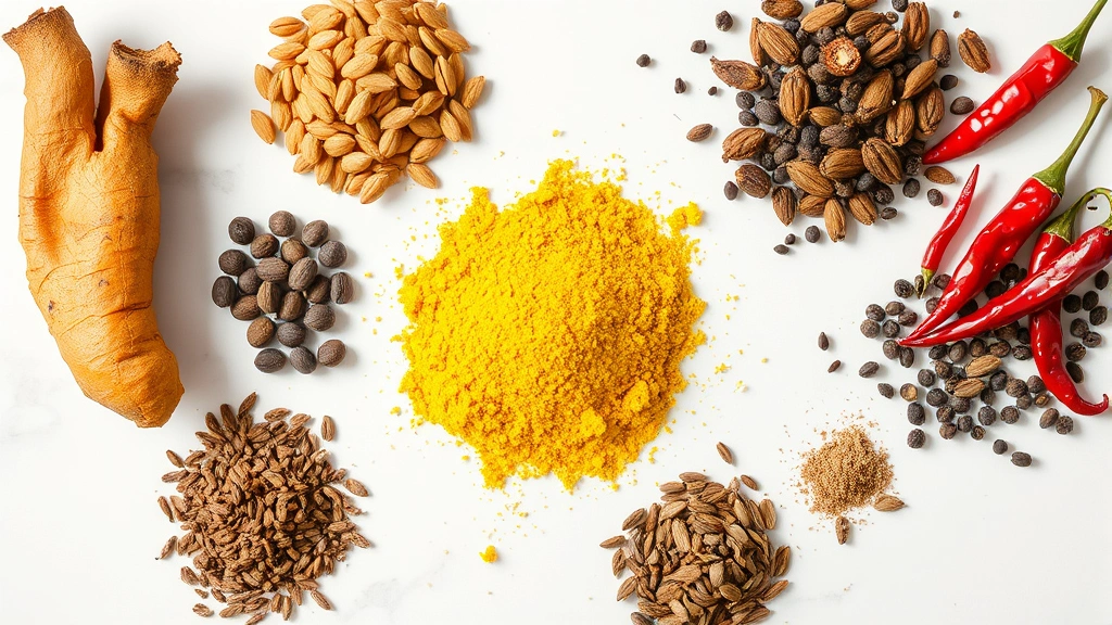 Overhead shot of whole spices arranged in small piles: golden turmeric root, round coriander seeds, cumin seeds, black peppercorns, dried red chilies, and fenugreek seeds on a white marble surface with natural daylight