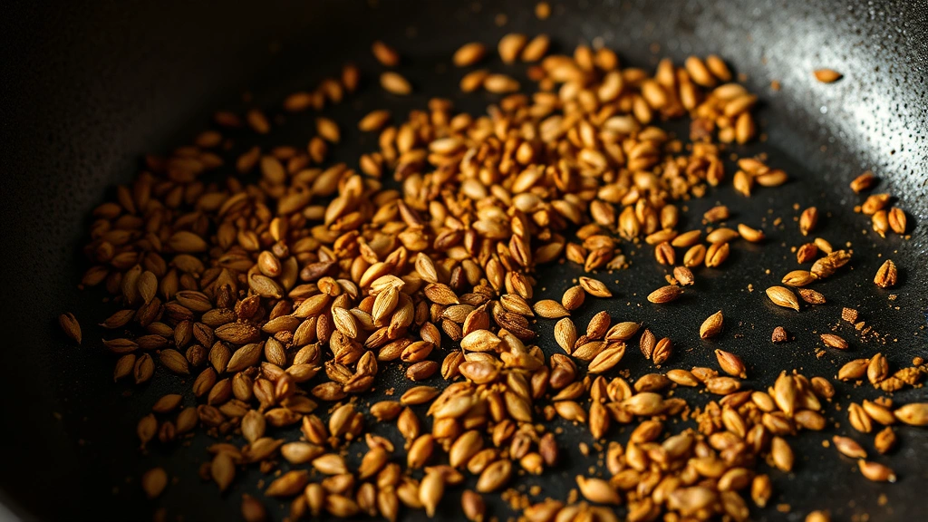 Close-up of a dry cast-iron skillet with toasted spices mid-toast, showing coriander and cumin seeds in various stages of browning, aromatic wisps visible, warm kitchen lighting
