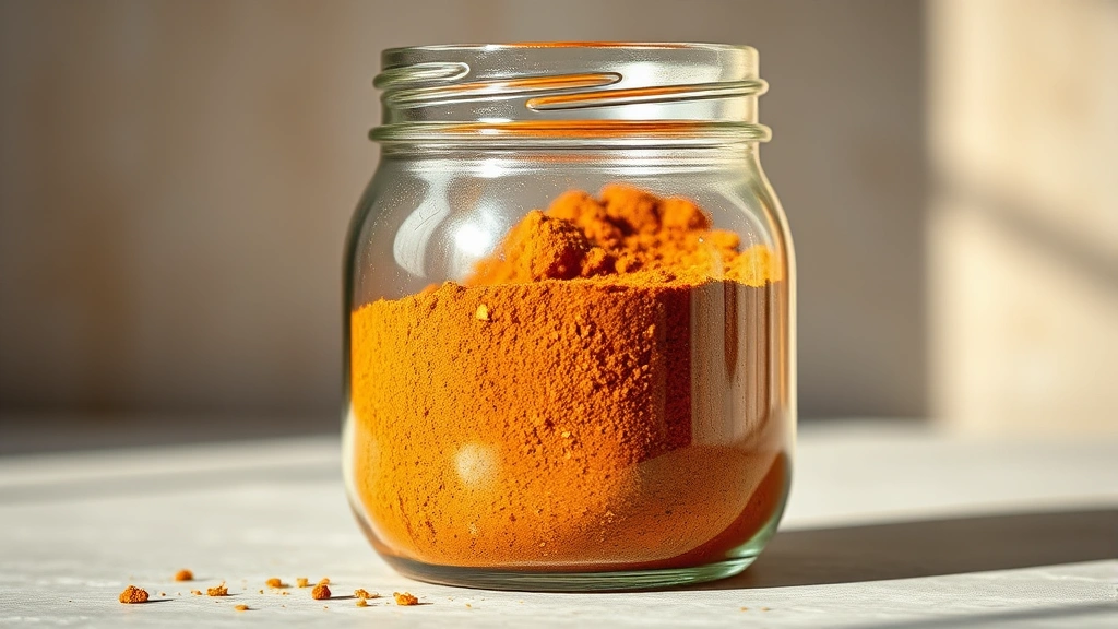 Finished homemade curry powder in a clear glass jar, showing rich golden-brown color with visible spice particles, photographed against a neutral background with soft natural light