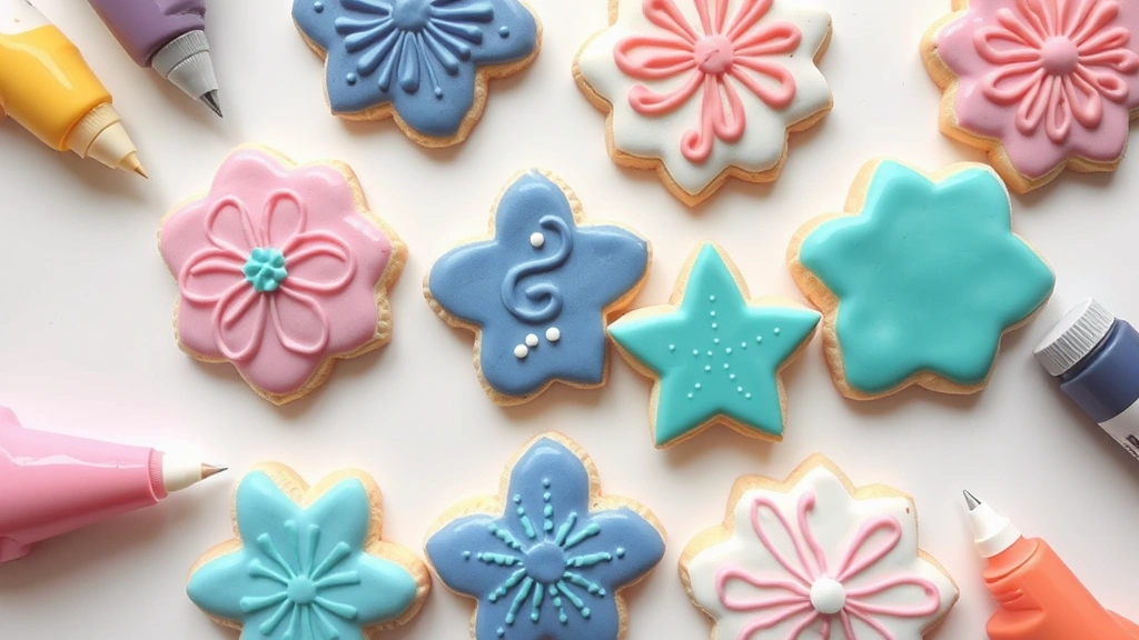 Flat lay of colorful decorated sugar cookies with royal icing designs in pastels, piping bags, and food coloring nearby on white surface
