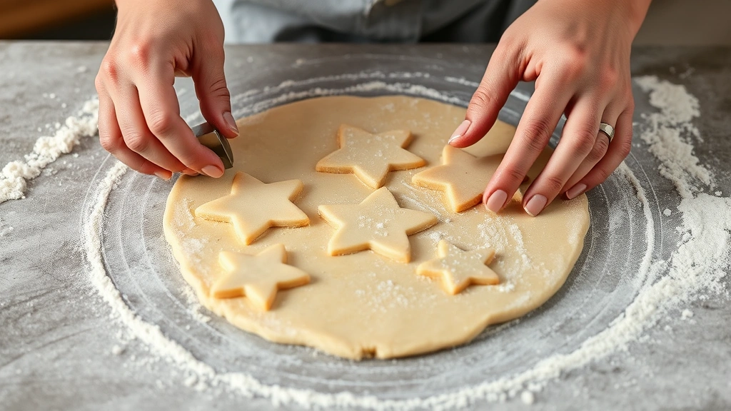 Baker's hands using cookie cutters to cut shapes from rolled sugar cookie dough on parchment paper, flour dusting visible