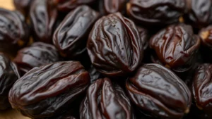 Close-up of fresh Medjool dates arranged on a wooden surface, showing their dark wrinkled skin and glossy appearance, natural lighting highlighting the fruit's texture