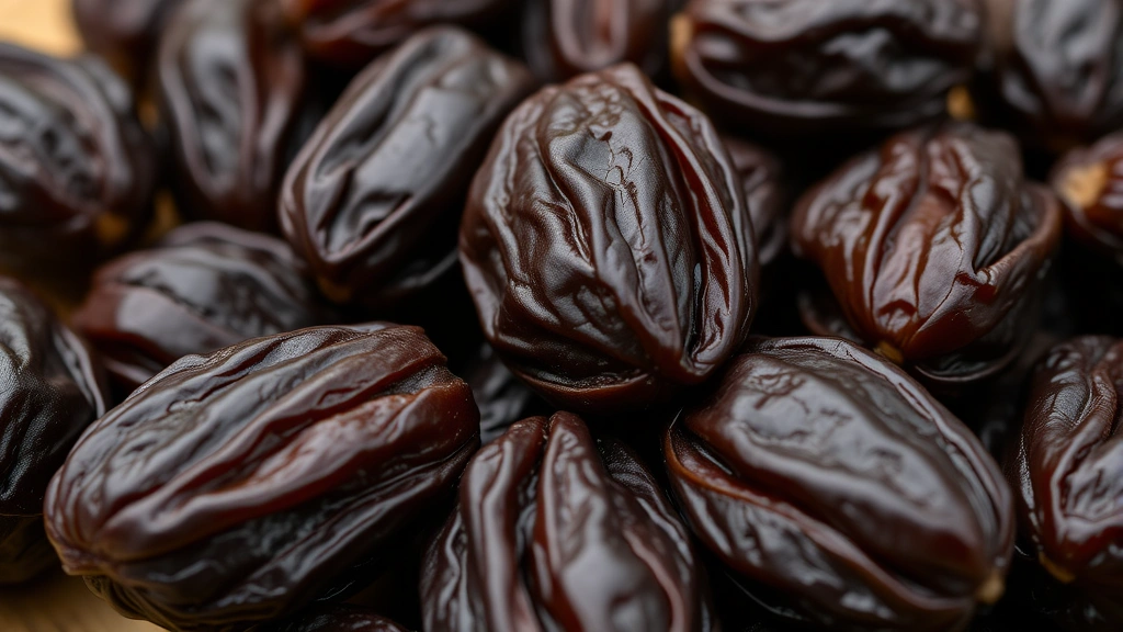 Close-up of fresh Medjool dates arranged on a wooden surface, showing their dark wrinkled skin and glossy appearance, natural lighting highlighting the fruit's texture