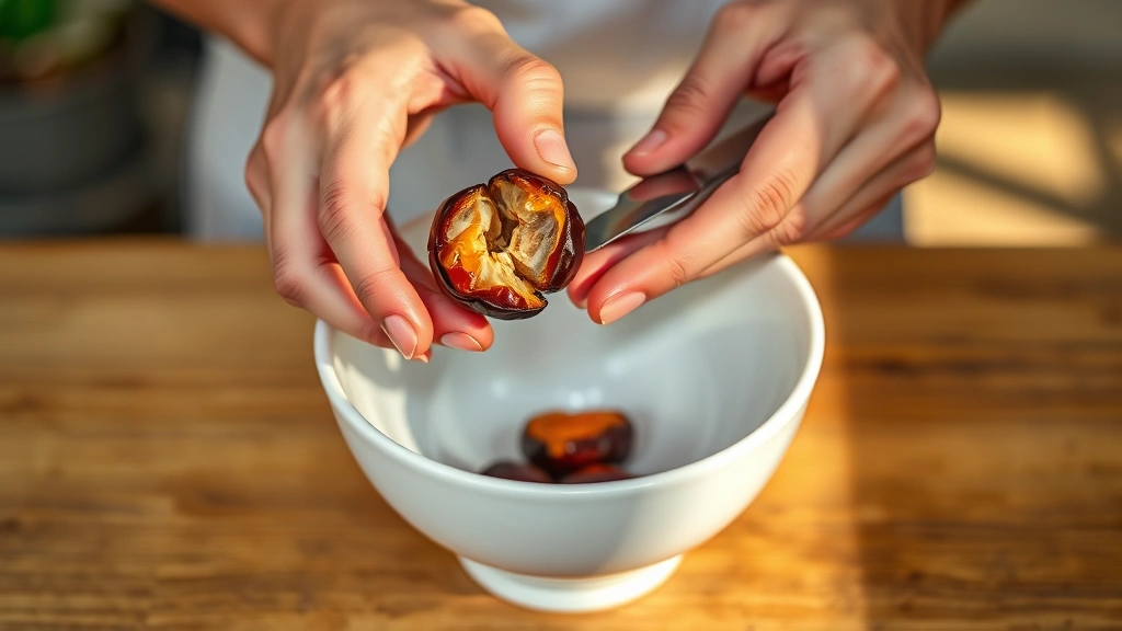 Hands carefully pitting a fresh date over a white bowl, showing the pit being removed with a small knife, warm kitchen lighting creating shadows