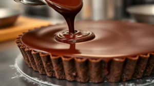 Close-up of smooth, glossy dark chocolate ganache being poured over a layered chocolate tart, with rich cocoa color and perfect shine, professional pastry kitchen background