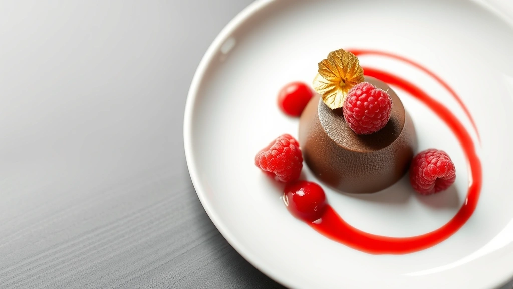 Elegant plated dessert with dark chocolate mousse quenelle, fresh raspberries, gold leaf garnish, and raspberry coulis swoosh on white plate, fine dining presentation