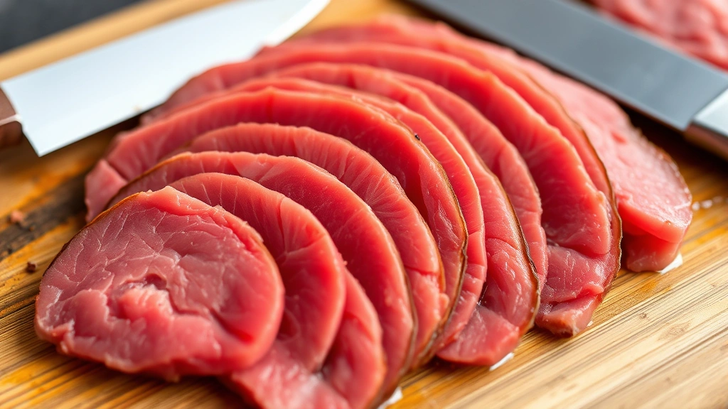 Close-up of thinly sliced raw venison backstrap meat arranged on a wooden cutting board with a sharp knife, showing the grain and lean texture of the meat