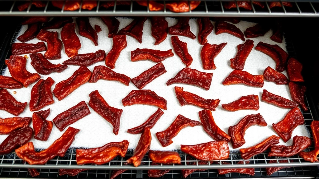 Dehydrator trays filled with dark red-brown dried venison jerky pieces arranged in a single layer, showing the finished texture and color of properly dried jerky