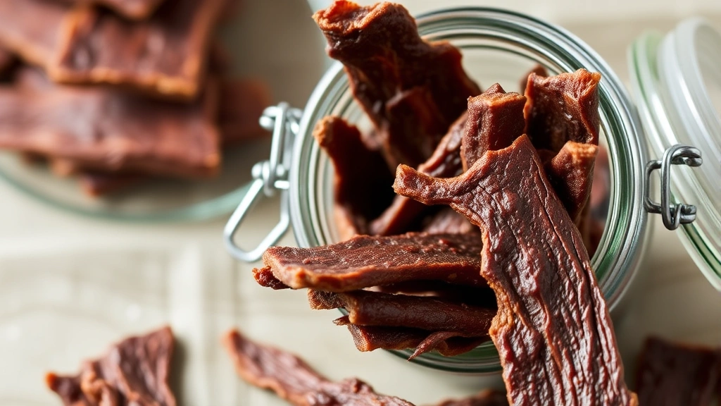 Finished deer jerky pieces displayed in a glass jar with metal lid, showing the deep brown color and chewy texture, with some pieces stacked outside the jar