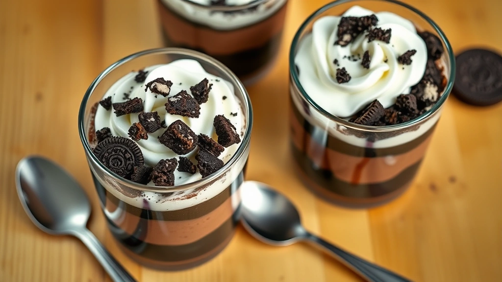 Close-up overhead view of three clear glass cups filled with layered dirt pudding showing distinct chocolate pudding layer, crushed Oreo cookie crumbles, and white whipped cream topping with cookie pieces on top, on a bright wooden table with a small spoon beside