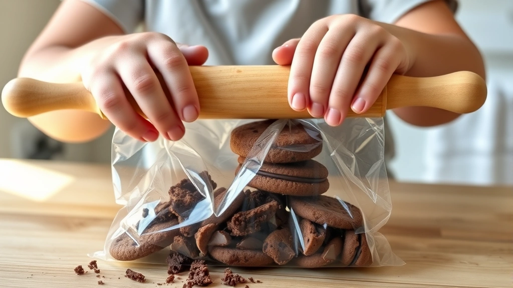 Hands of a child crushing chocolate sandwich cookies in a clear plastic bag using a rolling pin, with crushed cookies visible at bottom and intact cookies at top, natural kitchen lighting
