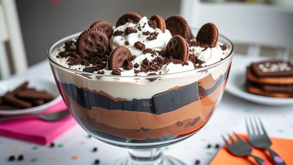 Finished dirt pudding dessert in a large clear glass trifle bowl showing beautiful layers of chocolate pudding, cookie crumbles, and whipped cream, garnished with larger cookie chunks on top, served at a children's birthday party table with colorful napkins nearby