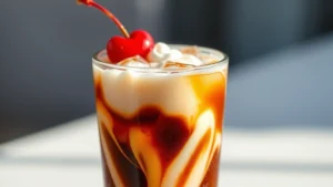 Tall glass filled with layered dirty soda showing cream swirled through cola, ice cubes visible, vibrant caramel-brown color with white cream ribbons, fresh cherry garnish on rim, condensation on glass exterior, bright natural lighting