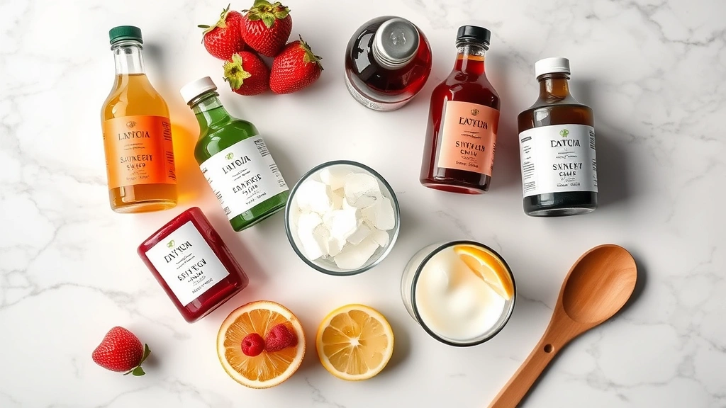 Overhead flat lay of dirty soda ingredients arranged artfully: bottles of flavored syrups in various colors, fresh strawberries and raspberries, glass of cream, lemon wedges, tall drinking glass with ice, measuring spoons, wooden bar spoon, against light marble surface