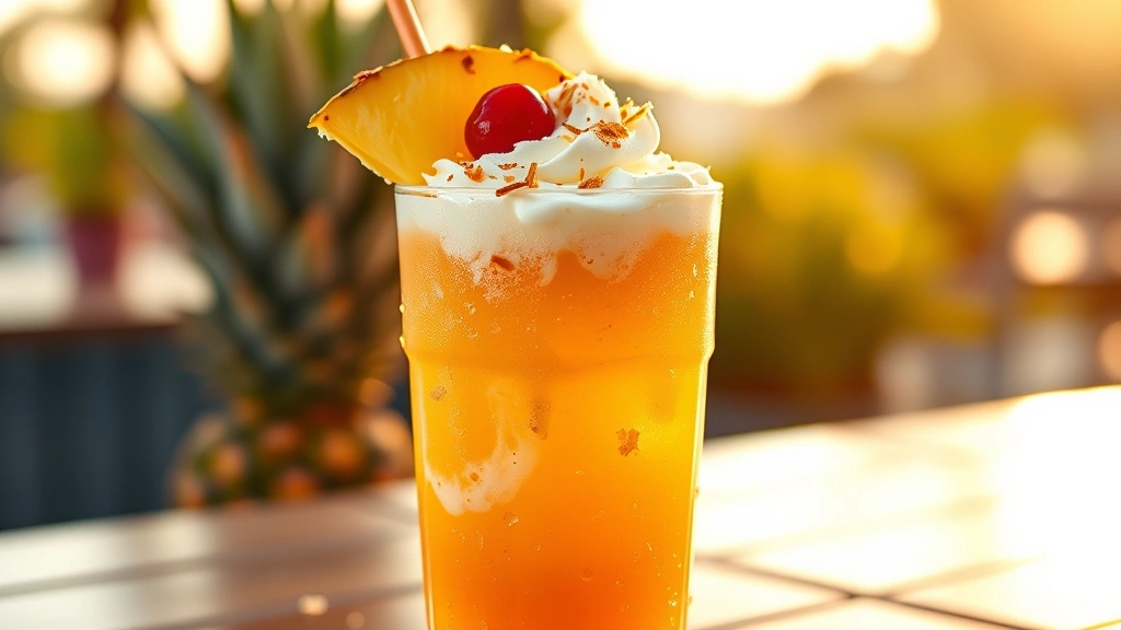 Colorful tropical dirty soda in highball glass with pineapple juice and orange soda layered, topped with whipped cream and toasted coconut, fresh pineapple wedge and cherry garnish, condensation on glass, warm golden hour lighting, summer aesthetic