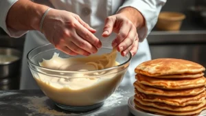 Professional chef's hands carefully processing fresh sourdough starter discard into fluffy pancake batter in a mixing bowl, golden-brown pancakes stacked nearby, bright kitchen lighting showing texture details