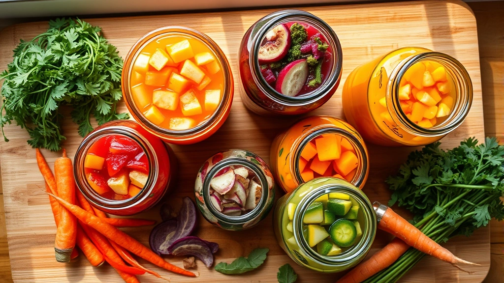 Overhead shot of colorful fermented vegetables in glass jars with brine, fresh vegetable scraps and carrot tops scattered nearby on wooden cutting board, natural window light highlighting the vibrant colors