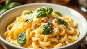 Close-up of creamy ditalini pasta with fresh basil leaves and grated Parmigiano-Reggiano cheese in a white ceramic bowl, steam rising gently, warm Italian kitchen lighting
