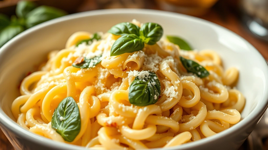 Close-up of creamy ditalini pasta with fresh basil leaves and grated Parmigiano-Reggiano cheese in a white ceramic bowl, steam rising gently, warm Italian kitchen lighting