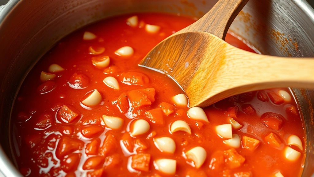 Wooden spoon stirring vibrant red tomato sauce with fresh garlic cloves and diced onions in a large stainless steel pot, olive oil glistening on surface