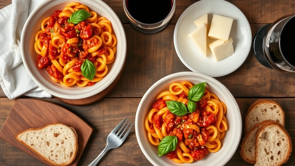 Overhead shot of three bowls of finished ditalini pasta with rich tomato sauce, fresh basil garnish, and cheese, crusty bread and wine glasses beside bowls on rustic wooden table