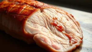 Golden-brown perfectly scored duck breast skin with crosshatch pattern glistening under warm kitchen light, showing rendered fat and crispy texture