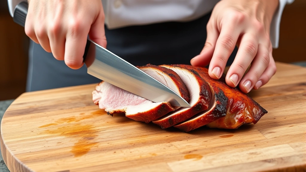 Chef's hands slicing medium-rare duck breast against the grain with sharp knife on wooden cutting board, showing rosy pink interior contrasting with caramelized exterior