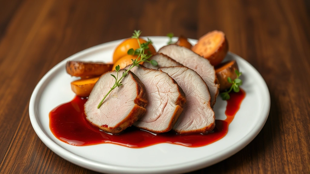 Plated duck breast slices arranged overlapping on white ceramic plate with cherry gastrique sauce drizzle, accompanied by roasted root vegetables and microgreens garnish