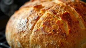 Rustic crusty Dutch oven artisan bread loaf with deep golden-brown exterior and scoring marks visible, steam rising, fresh from oven, close-up detail shot showing crispy crust texture