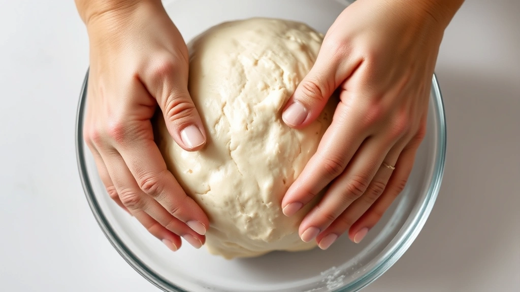 Hands performing stretch-and-fold technique on wet sticky bread dough in clear glass bowl, wet hands demonstrating proper handling, dough showing gluten development and smooth surface