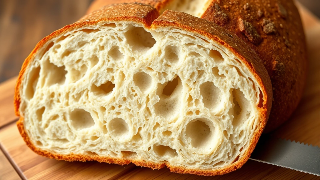 Cross-section of perfectly baked Dutch oven bread showing open crumb structure with large irregular holes, soft pale interior contrasting dark golden crust, bread sliced with serrated knife on wooden cutting board