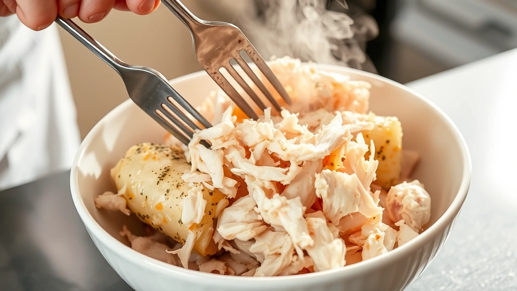 Rotisserie chicken being shredded with two forks in a white bowl, steam rising, hands visible, bright kitchen lighting