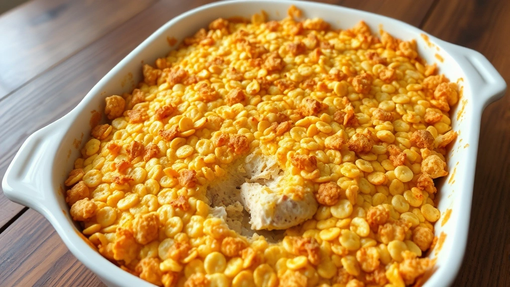 Golden baked chicken casserole with crispy Ritz cracker topping, steam rising from edges, served in white ceramic baking dish on wooden table