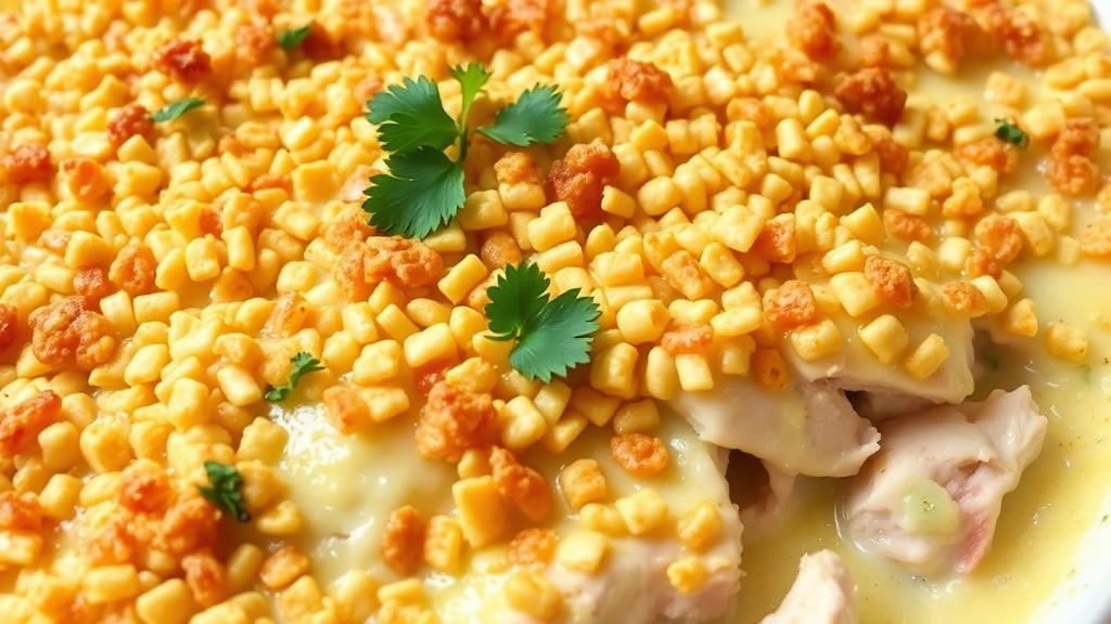 Close-up of finished chicken casserole with crispy golden Ritz cracker topping, creamy filling visible at edges, garnished with fresh parsley, ready to serve