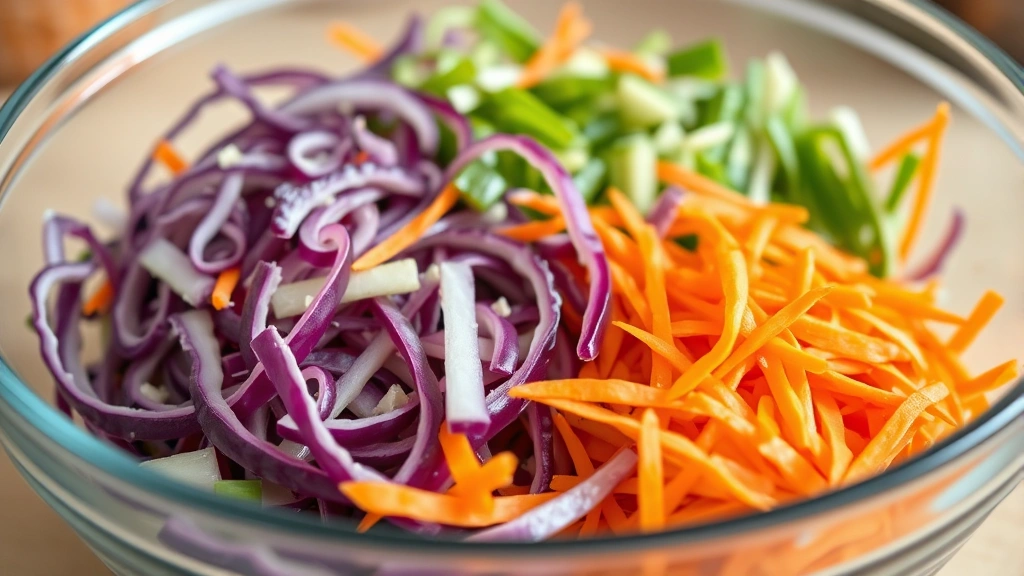 Close-up of freshly sliced green and purple cabbage with shredded orange carrots in a large glass mixing bowl, vibrant colors visible, natural kitchen lighting