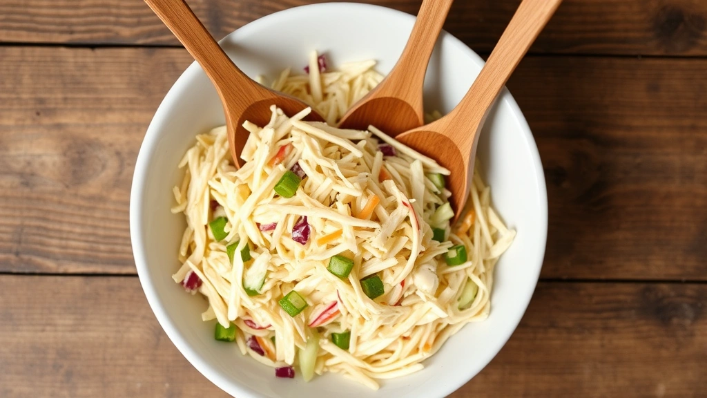 Creamy coleslaw being tossed with wooden spoons in a white ceramic bowl, fresh vegetables glistening with dressing, rustic wooden table background
