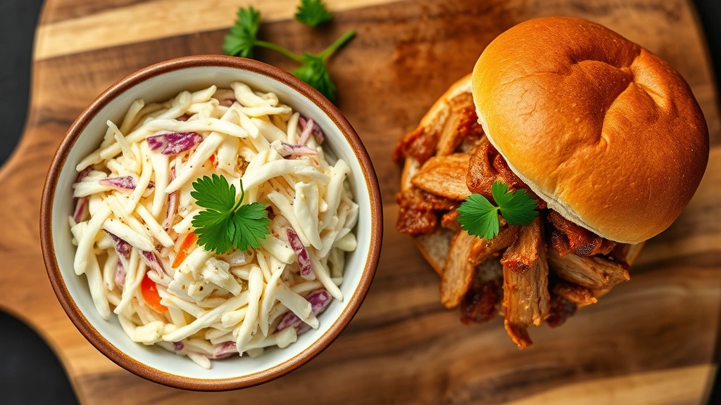Overhead shot of finished coleslaw served in a vintage ceramic bowl alongside pulled pork sandwich on wooden cutting board, garnished with fresh parsley, warm natural lighting