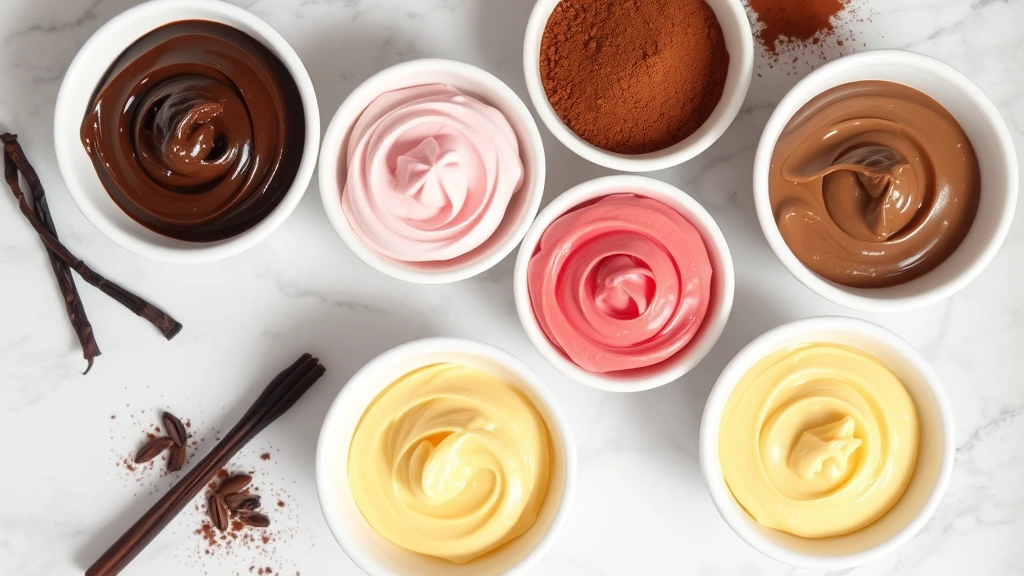 Colorful variations of frosting in small white bowls including chocolate, pink, lemon yellow, and coffee-brown frostings, arranged on a marble countertop with vanilla beans and cocoa powder nearby
