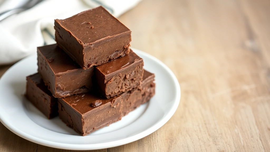 Creamy homemade chocolate fudge squares stacked on a white ceramic plate with rich dark brown color and smooth glossy surface