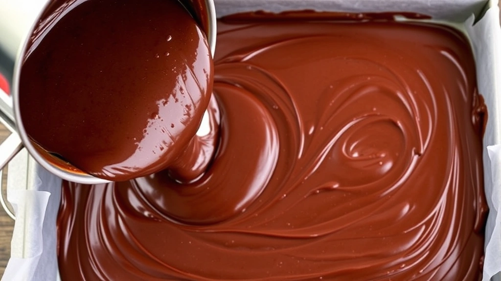 Pouring thick chocolate fudge mixture from a saucepan into a parchment-lined baking pan with a spatula spreading it evenly