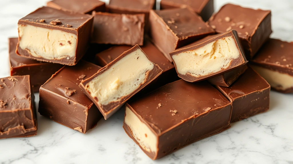 Close-up of freshly cut fudge pieces arranged on marble surface showing smooth creamy interior texture and matte chocolate finish