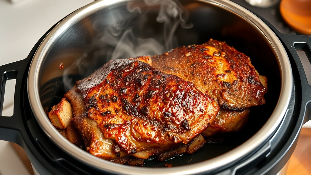 Seared beef brisket with golden brown crust in stainless steel Instant Pot, steam rising, wooden spoon nearby, professional kitchen lighting