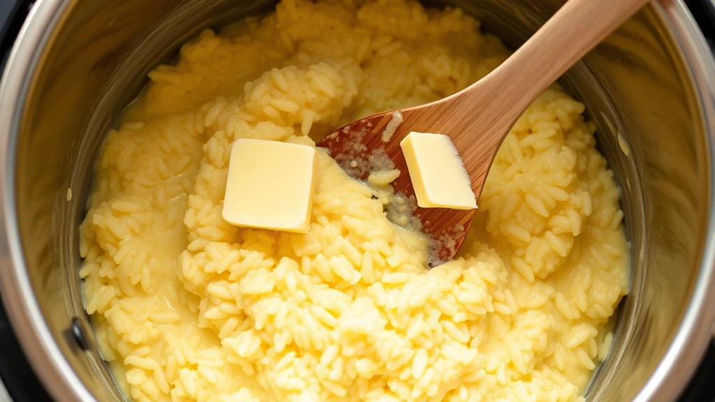 Creamy risotto being stirred in Instant Pot with butter and parmesan cheese melting on top, vibrant yellow-white color, close-up of wooden spoon mixing