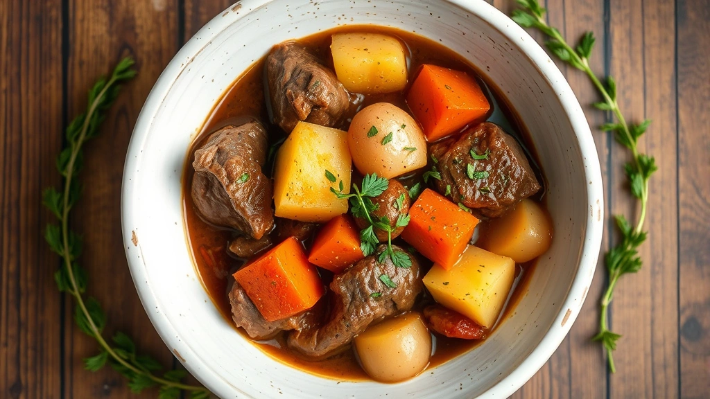 Overhead shot of finished beef stew with tender chunks of meat, carrots, potatoes in rich brown sauce, fresh herbs scattered on top, rustic white bowl
