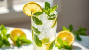 Fresh virgin mojito in tall glass with crushed ice, vibrant green mint leaves, lime wedge, sparkling water droplets, clear glass showing layers, garnished with mint sprig on white marble surface, bright natural sunlight