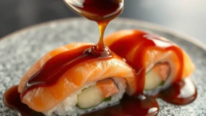 Close-up overhead shot of thick glossy brown eel sauce being drizzled from a spoon over fresh nigiri sushi with salmon and cucumber, glistening wet finish, professional sushi plating