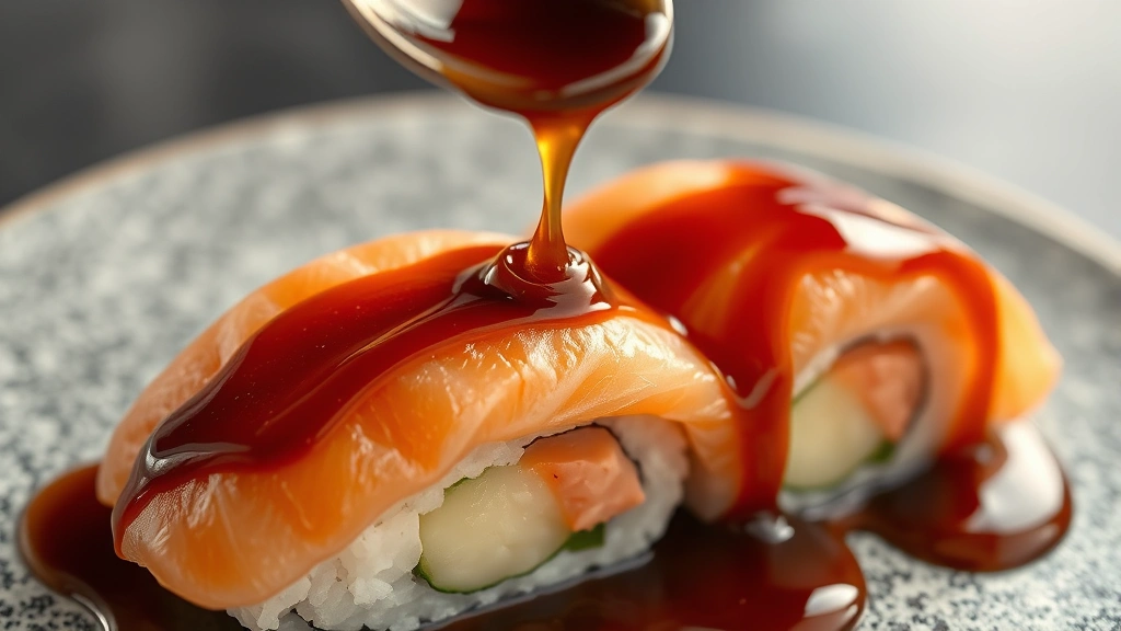 Close-up overhead shot of thick glossy brown eel sauce being drizzled from a spoon over fresh nigiri sushi with salmon and cucumber, glistening wet finish, professional sushi plating